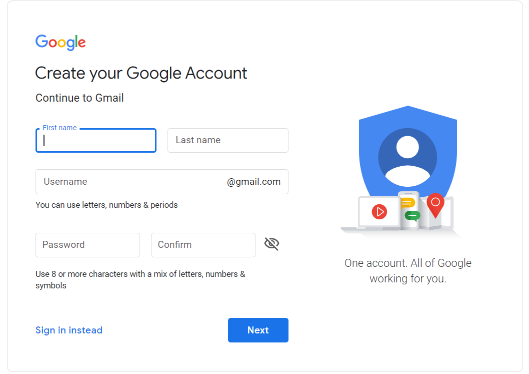 Google Account Signup Page Screenshot