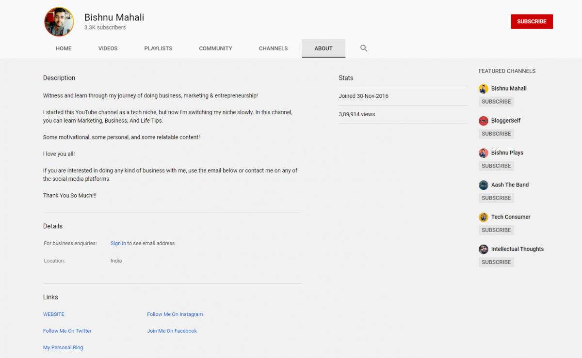 YouTube Channel About Section Screenshot