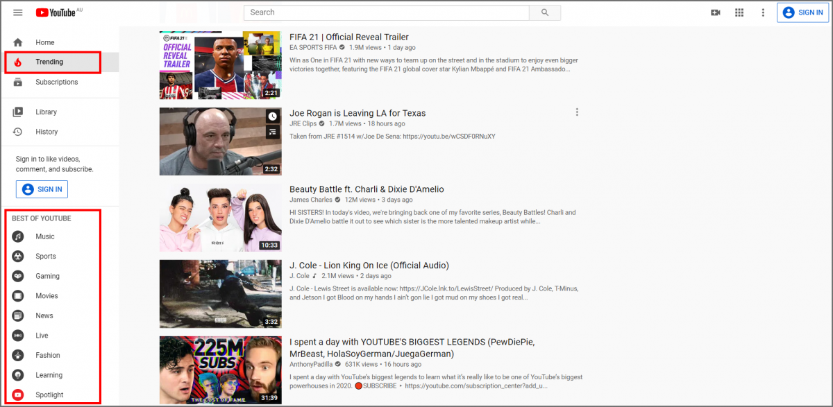 YouTube Trending Section Screenshot