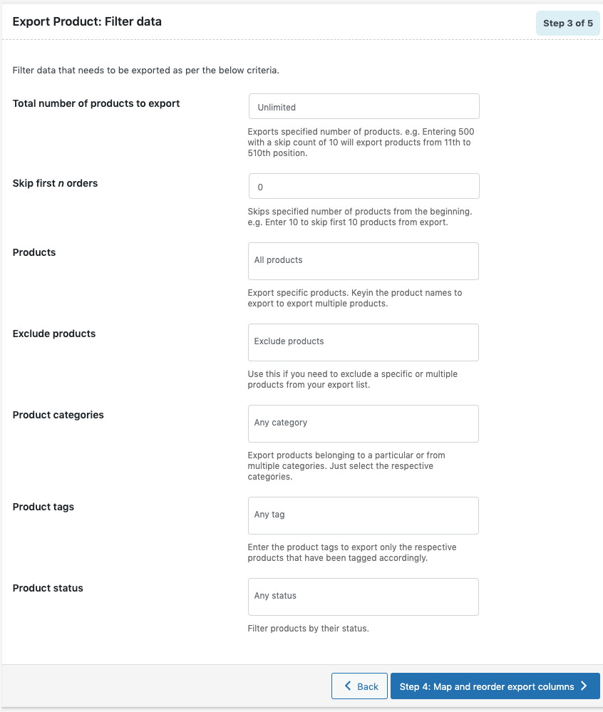 Basic Product Export Filter Data