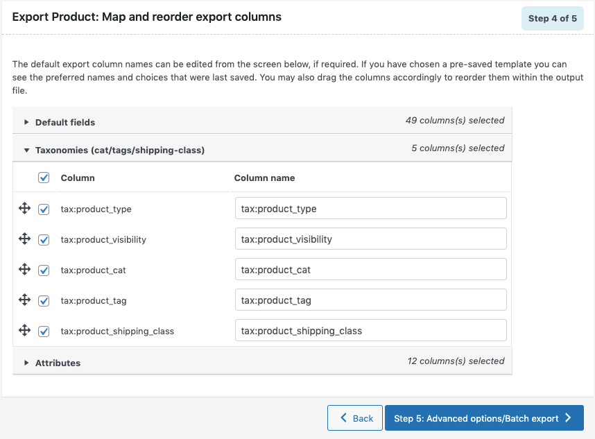 Basic Product Export Mapping