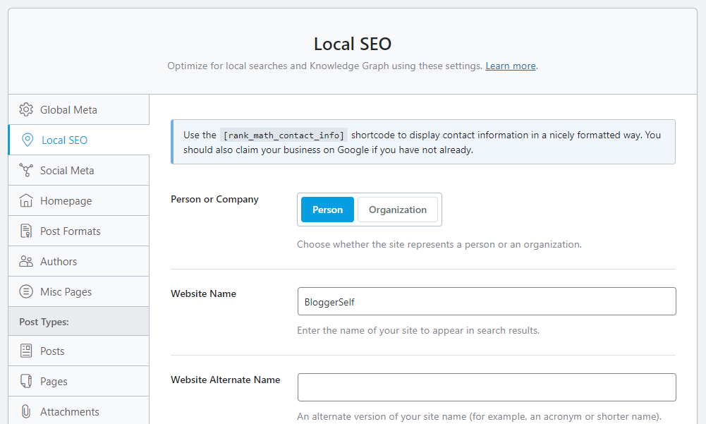 Rank Math Local SEO Settings