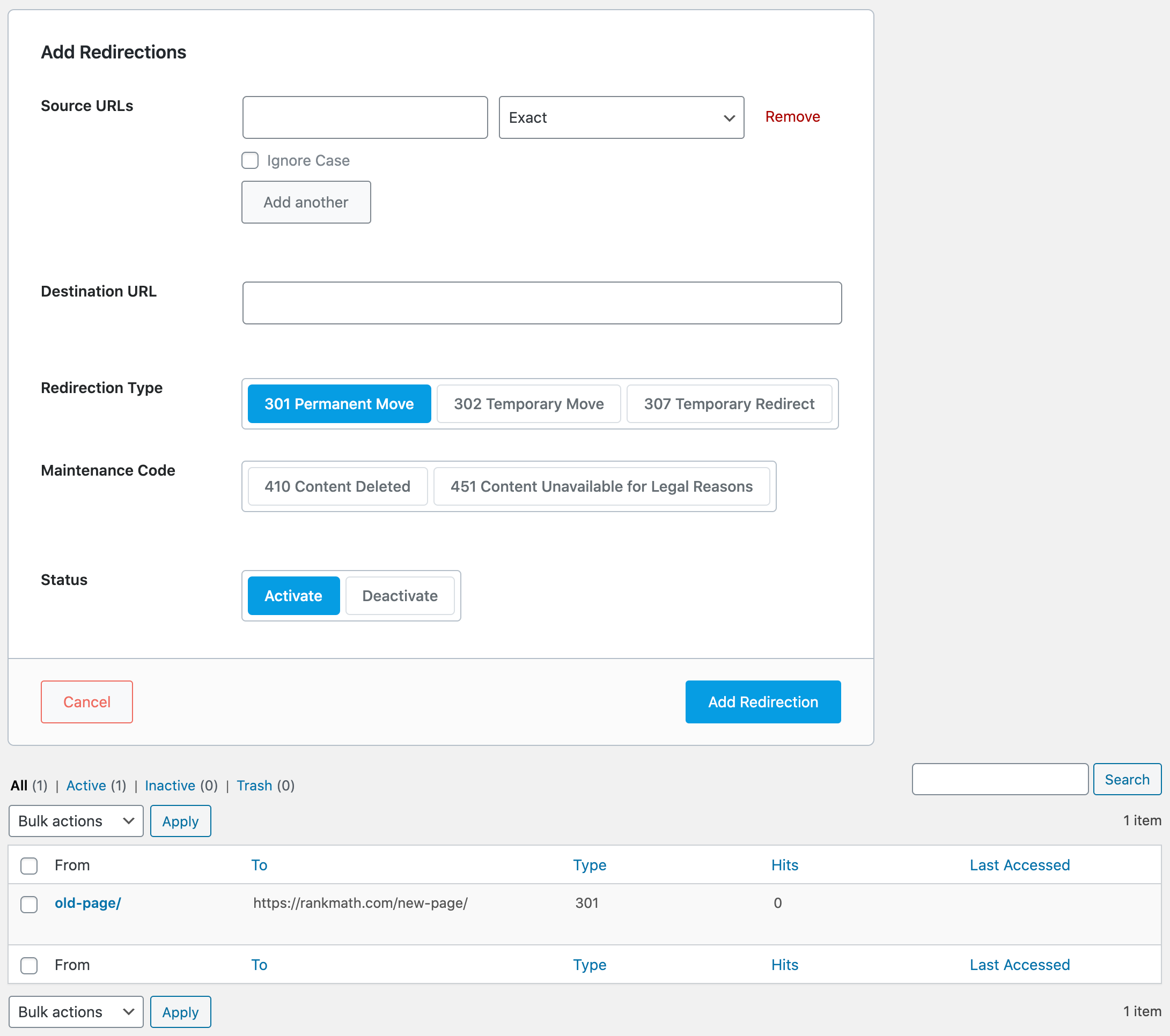 Rank Math Redirection Manager