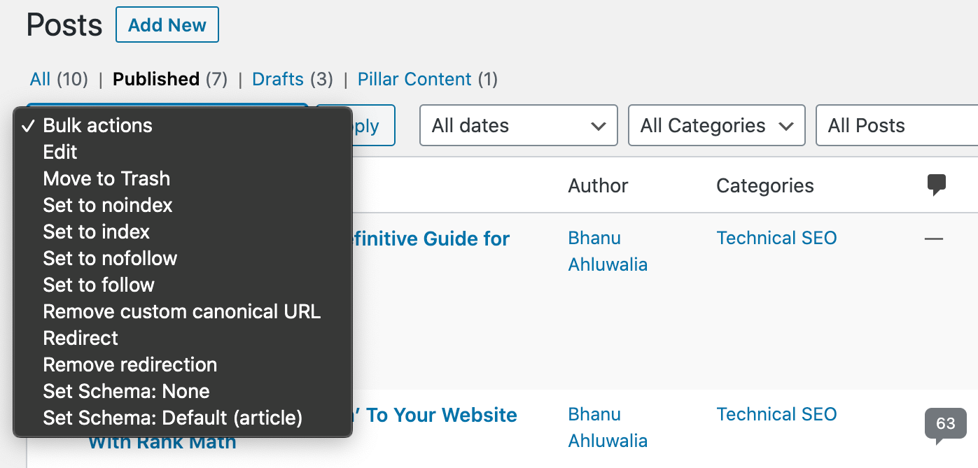 Rank Math SEO - Bulk Edit Options