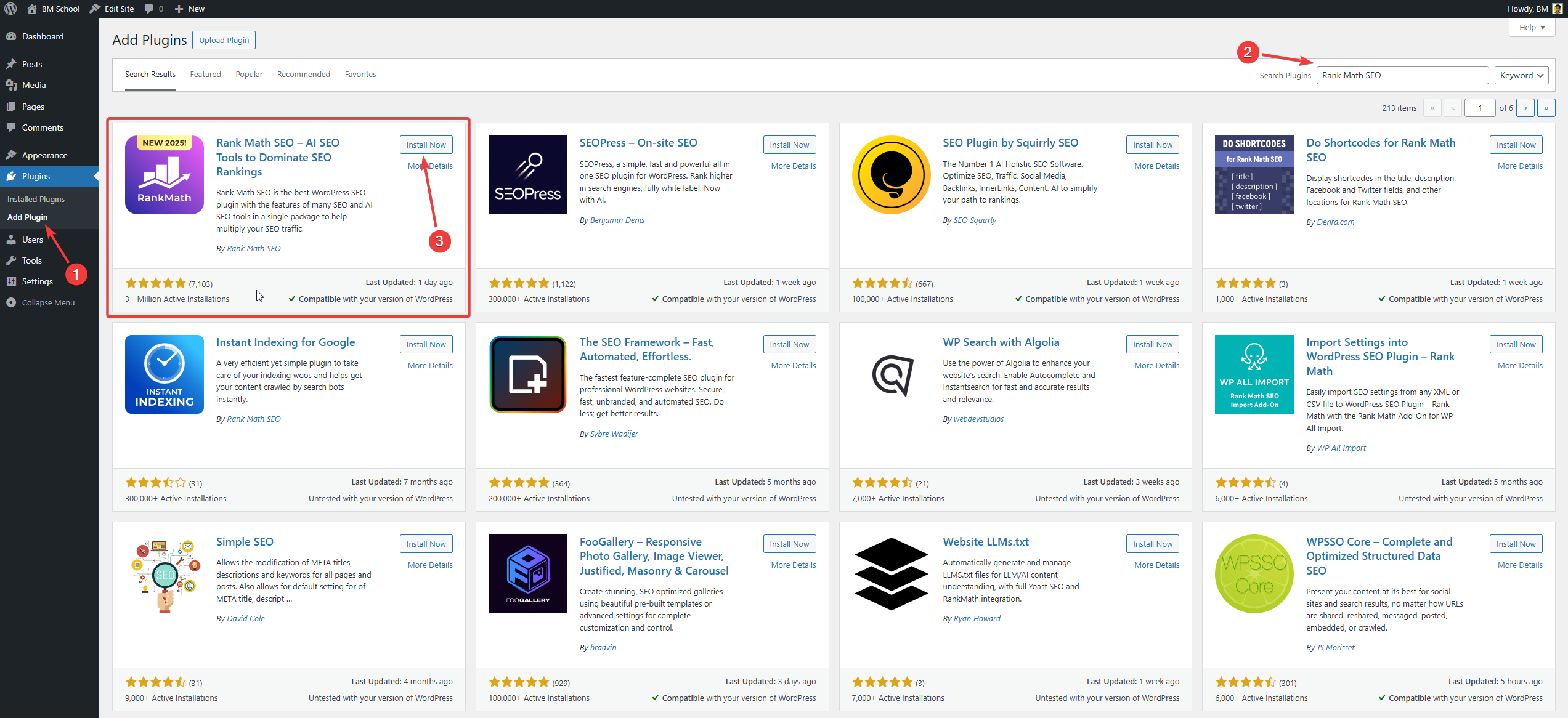Rank Math SEO Plugin Search Within WordPress Dashboard For Installation