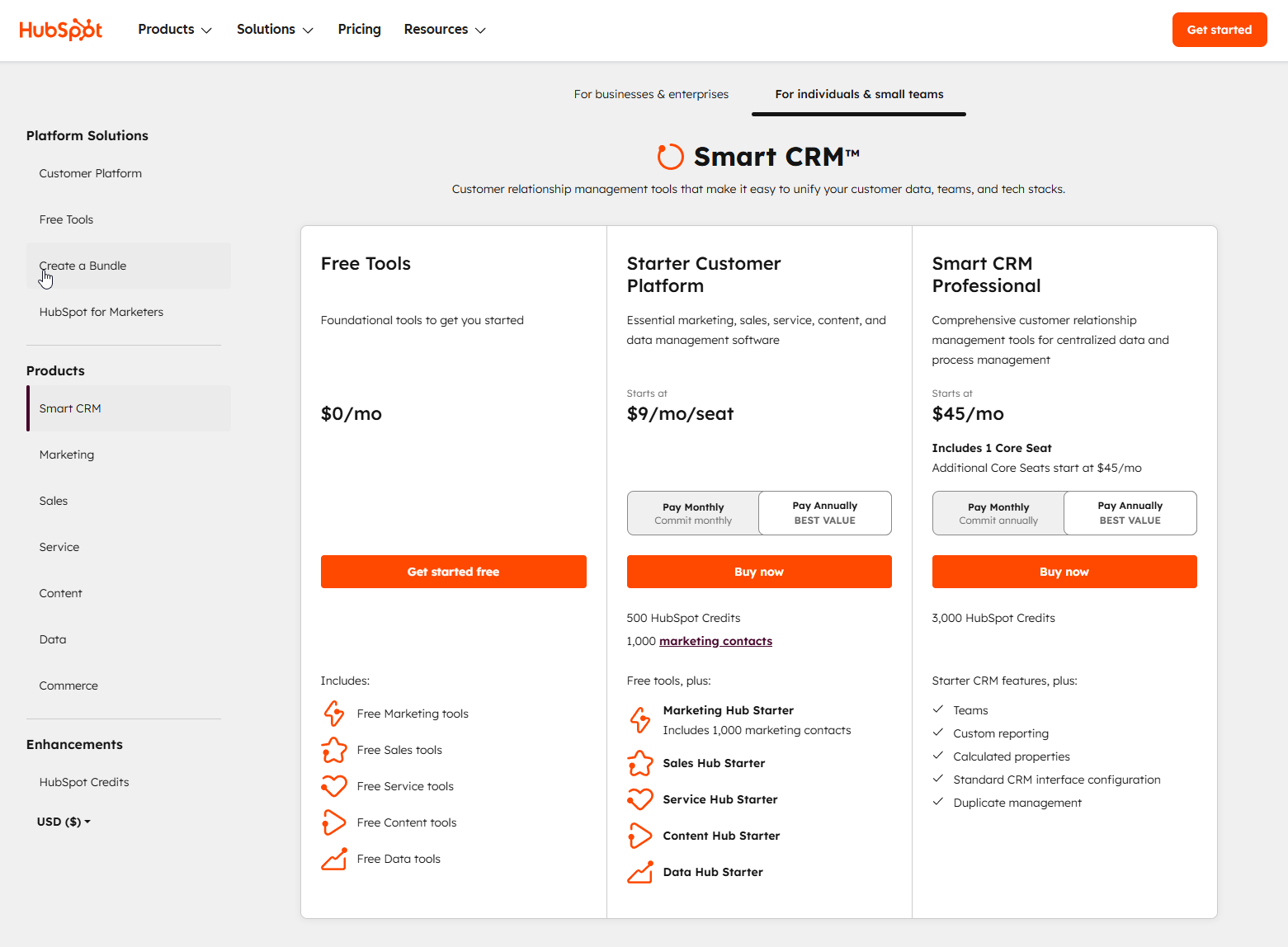 HubSpot Smart CRM Pricing Page