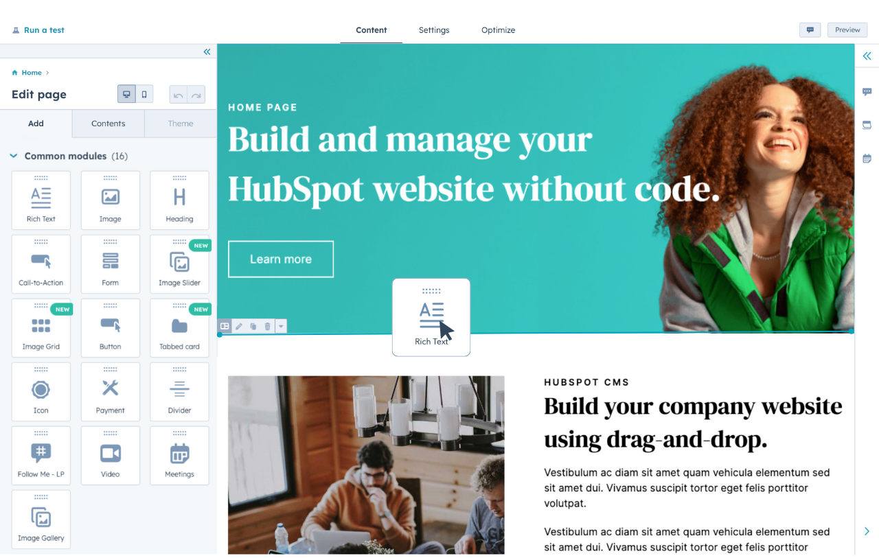 HubSpot Visual Website Builder - WYSIWYG-editor-en