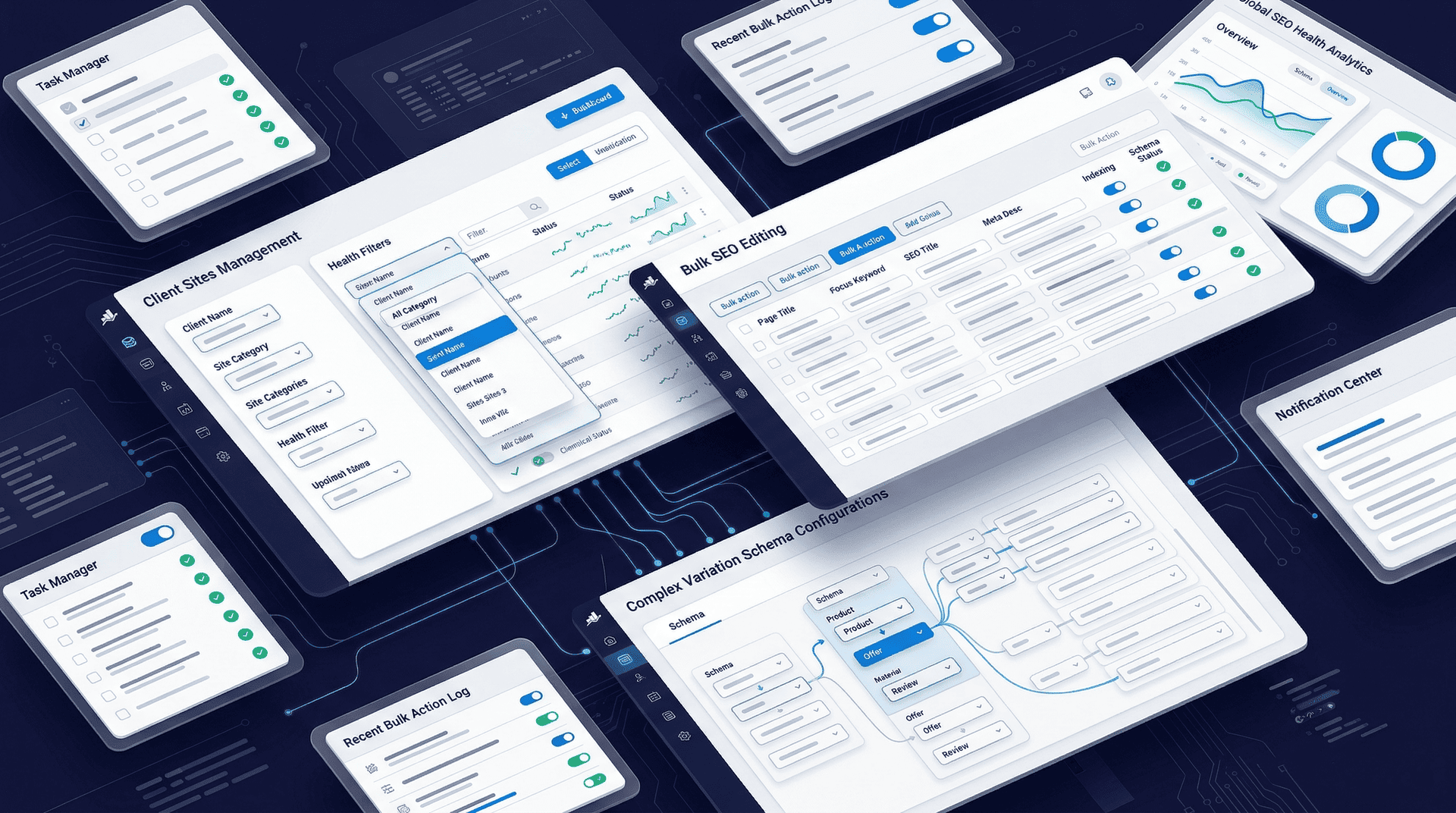 Advanced SEO and PRO SEO Features UI Cards - Rank Math - Graphic Illustration
