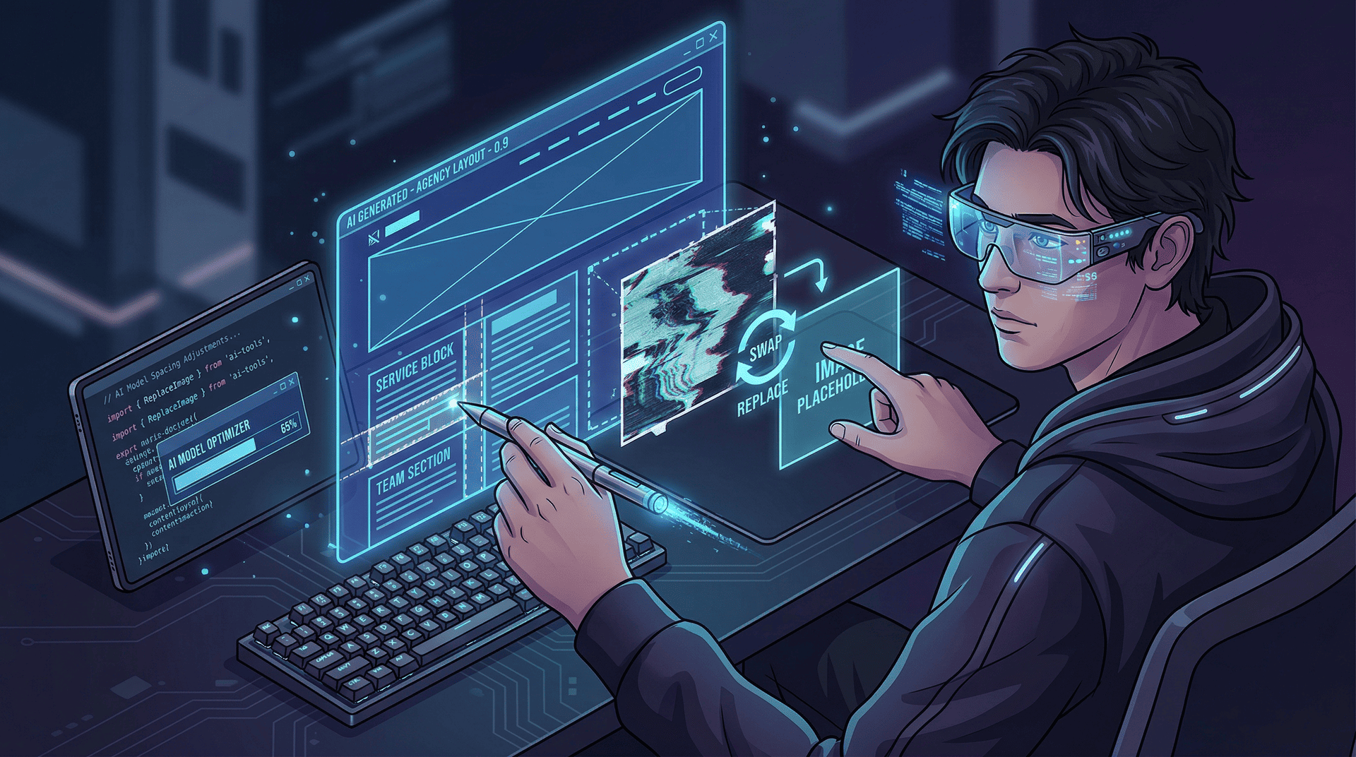 Developer Tweaking AI Generated Website Base - Graphic Illustration