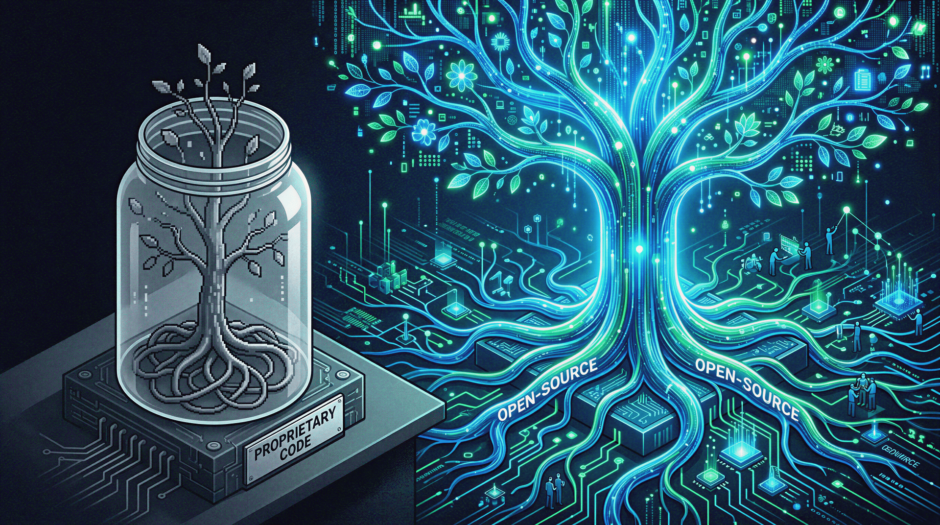 Proprietary Code vs Open Source Code - Locked System vs Open System - Graphic Illustration