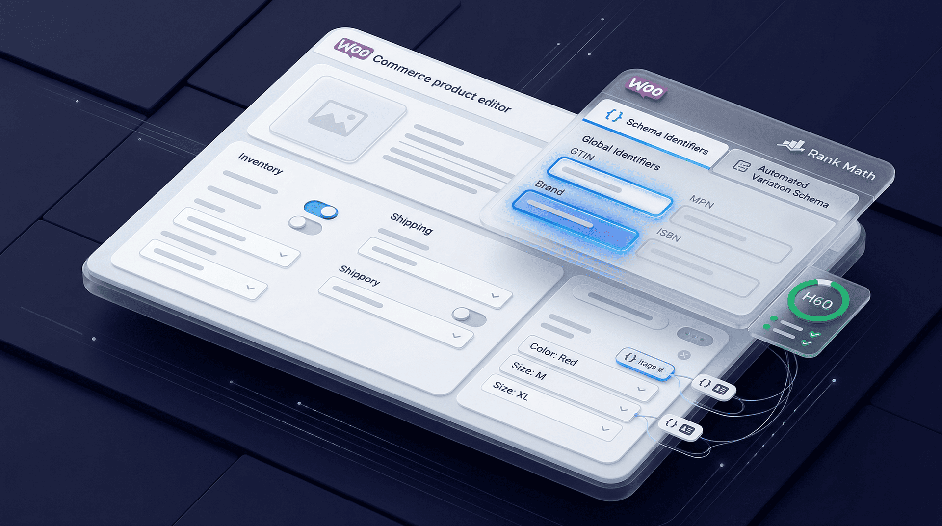 Rank Math Advanced WooCommerce SEO PRO - UI Cards - Graphic Illustration