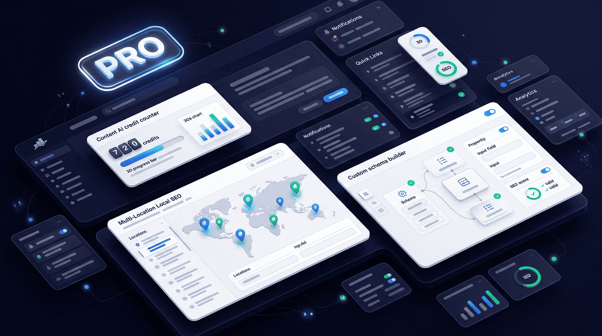 Rank Math PRO Features Unlocked - UI Cards - Graphic Illustration