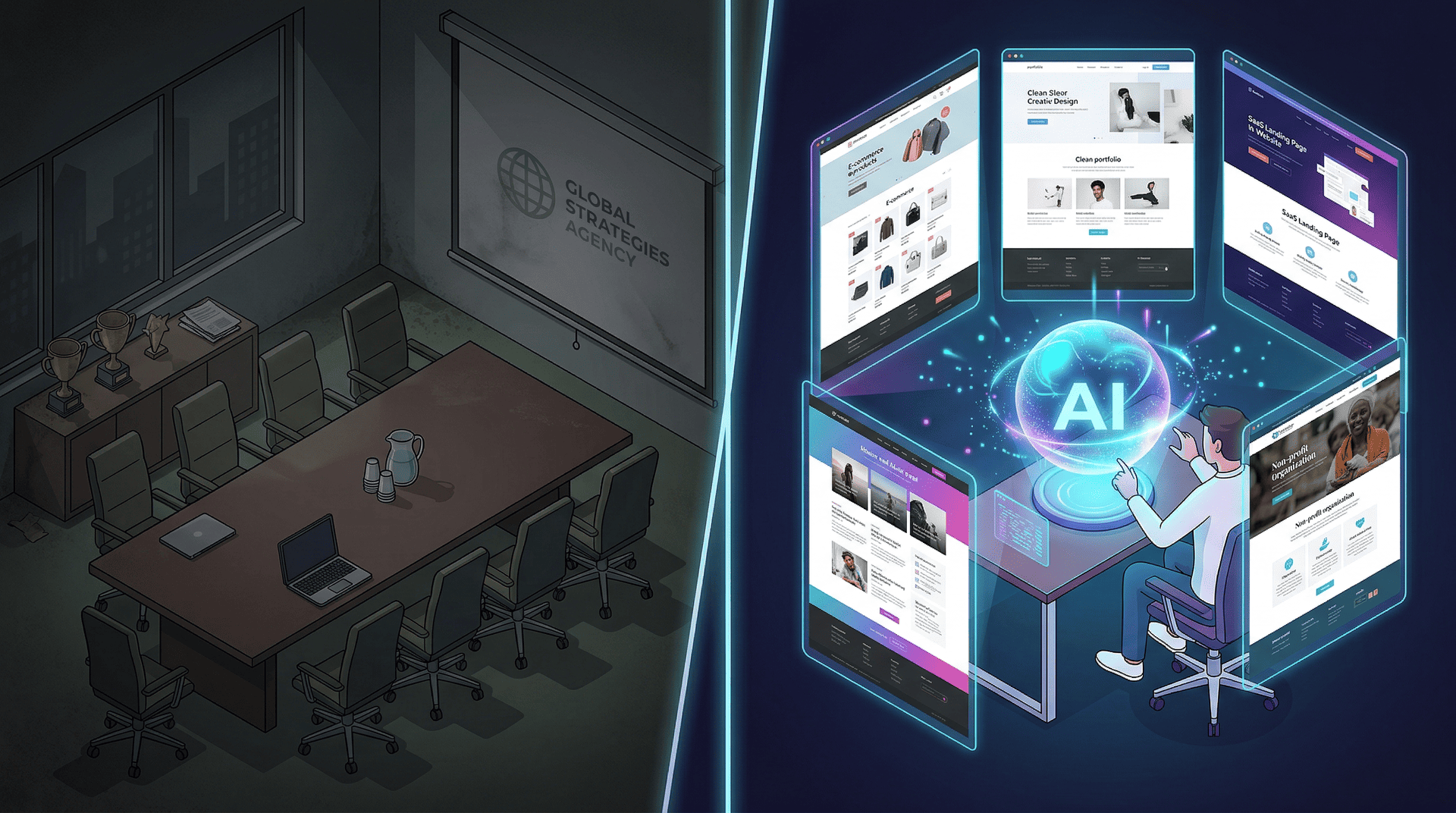 Replacing Outdated Freelance Agency Workflow With AI Website Builder - Graphic Illustration