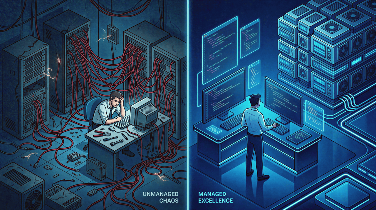 Unmanaged VS Managed Hosting or Servers - Graphic Illustration
