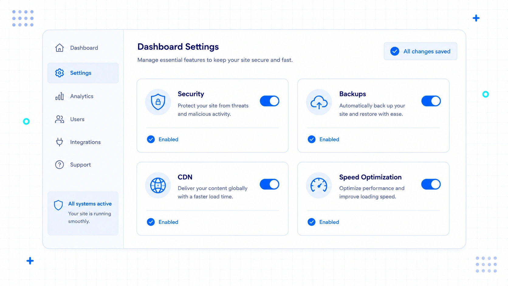 Security and Performance Settings Dashboard
